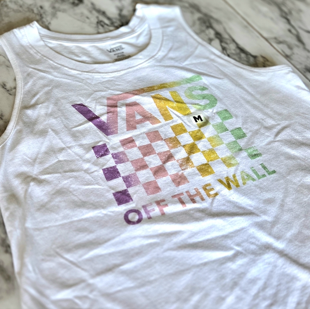 Vans White Muscle Tank Top with Multicolor Logo
